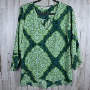 Lawrence Zarian Top Women's Medium Paradise Green Print Drapey Blouse Boho M